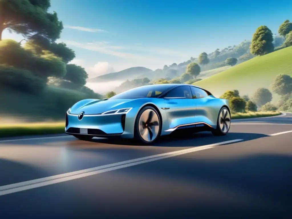 Un coche eléctrico futurista y elegante con conducción autónoma, deslizándose sin esfuerzo en medio de exuberante vegetación bajo un cielo azul claro