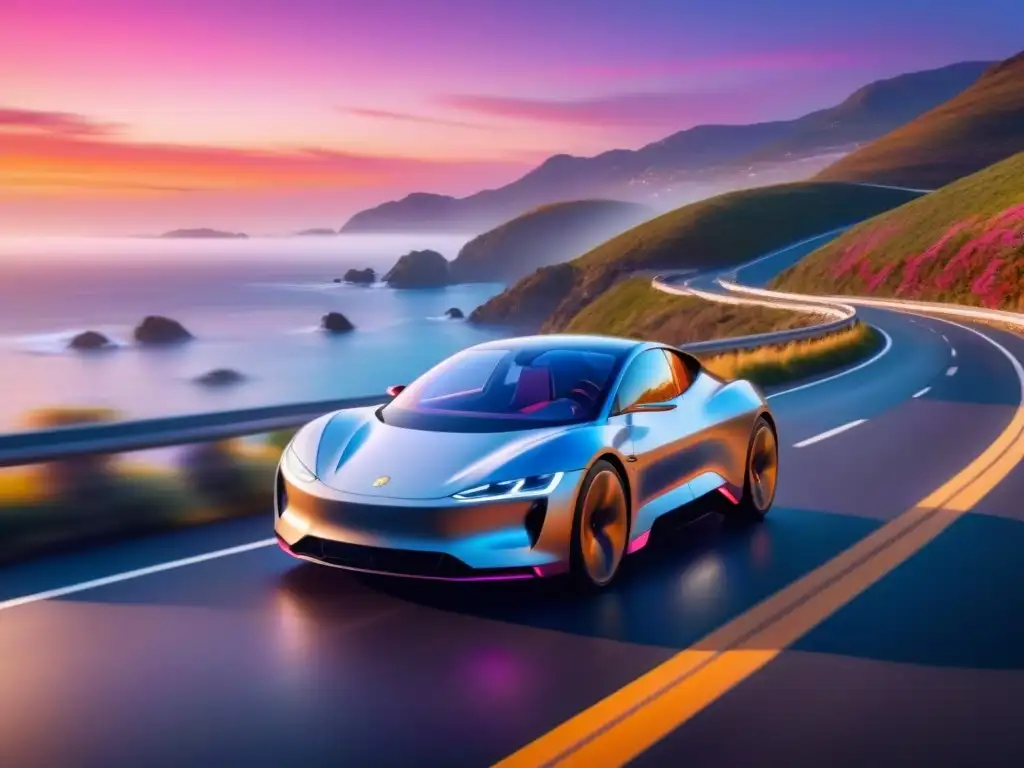 Un coche eléctrico moderno y elegante recorriendo una carretera costera al atardecer, con un impacto visual impresionante