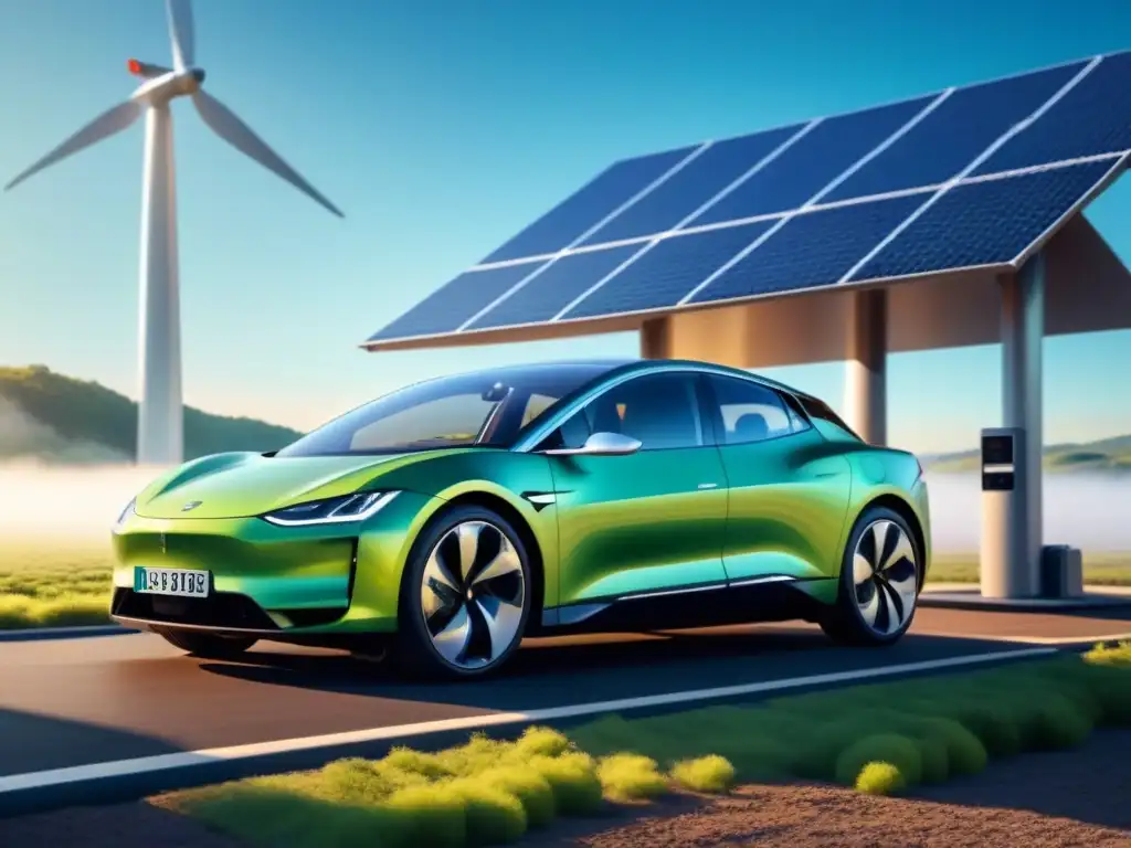 Un coche eléctrico moderno junto a un panel solar, ilustrando la armonía entre vehículos eléctricos y energías renovables para un futuro sostenible