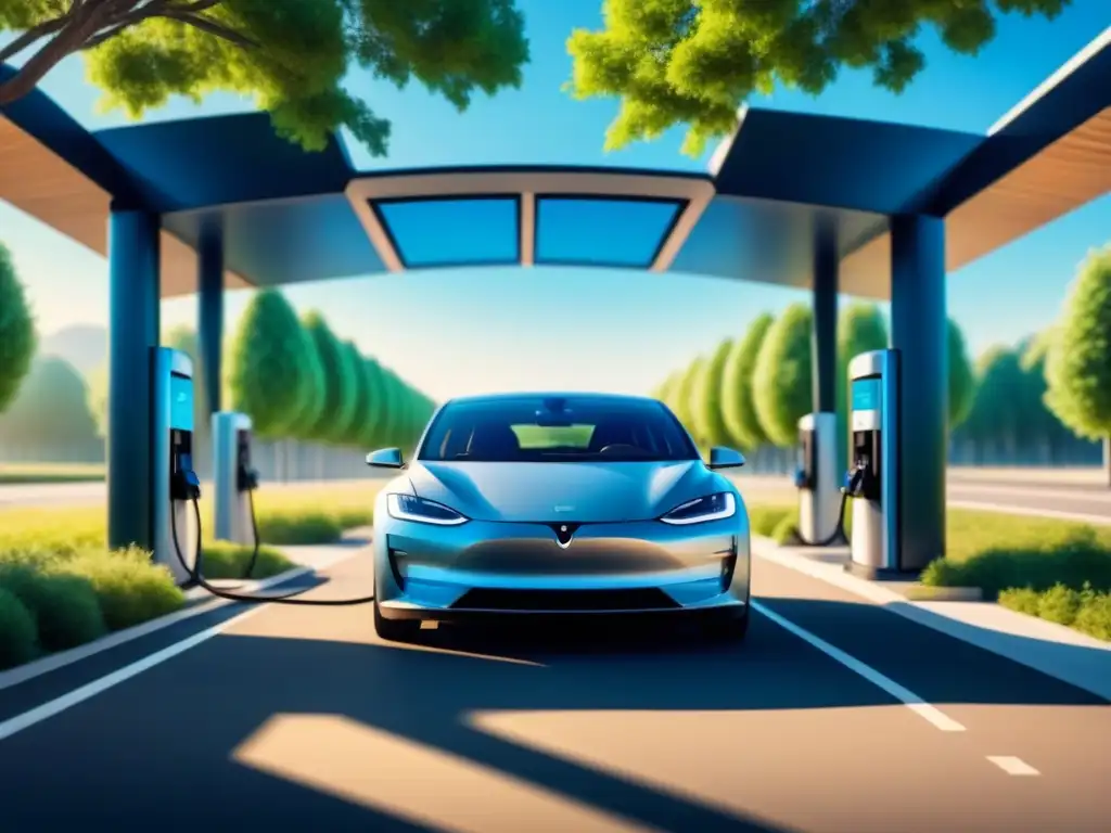 Coche eléctrico moderno cargando en estación solar, rodeado de árboles verdes bajo cielo azul