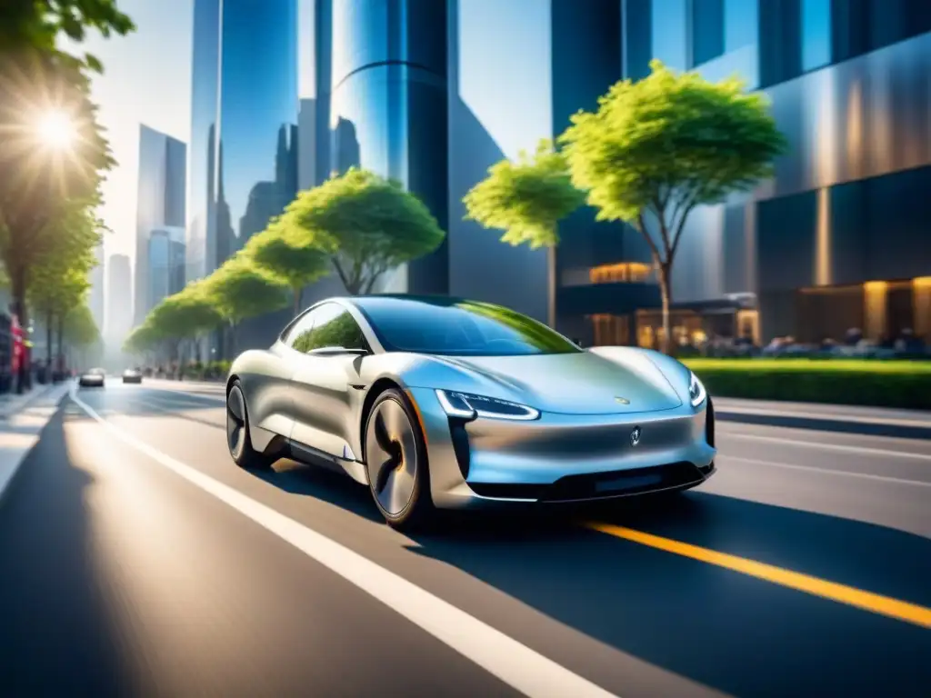 Un coche eléctrico plateado recorre una ciudad futurista, reflejando beneficios vehículos eléctricos sostenibles