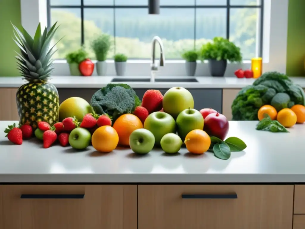 Una cocina moderna con frutas y verduras frescas en patrón geométrico