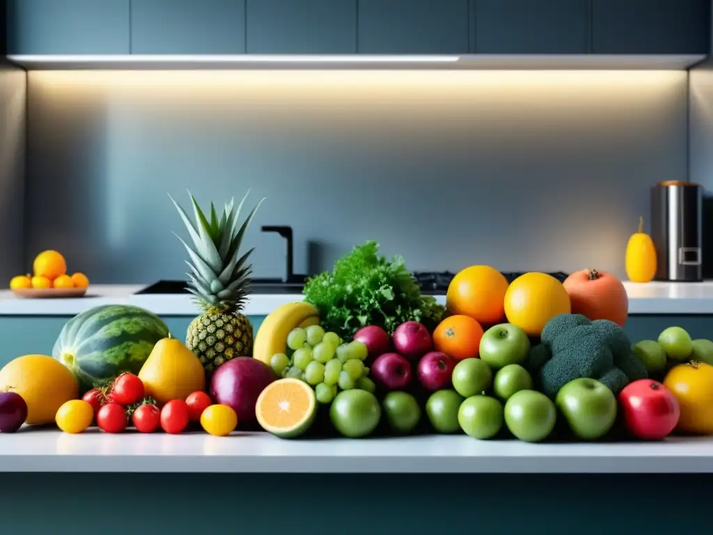 Una cocina moderna con frutas y verduras frescas, vibrantes y coloridas, simbolizando las tendencias en alimentos funcionales y sus beneficios