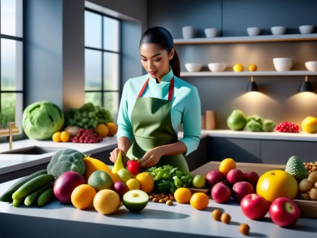 Una cocina moderna llena de alimentos coloridos y frescos