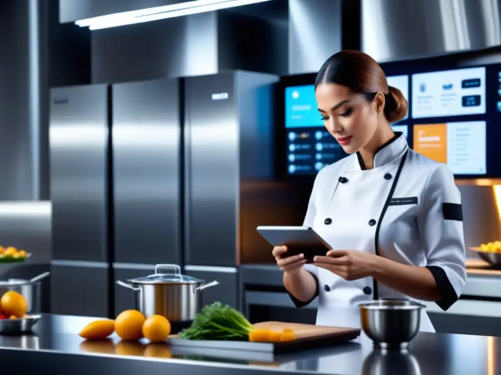 Cocina moderna con tecnología avanzada integrada, mostrando Big Data en alimentos y bebidas