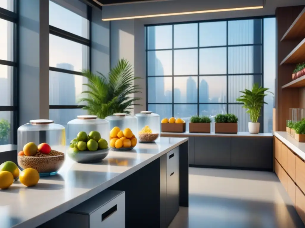 Cocina de oficina moderna y saludable con frutas, granos enteros y plantas verdes
