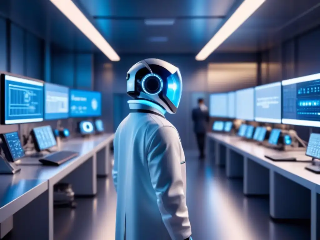 Colaboración entre humanos y nanorobots en un laboratorio futurista de fabricación inteligente