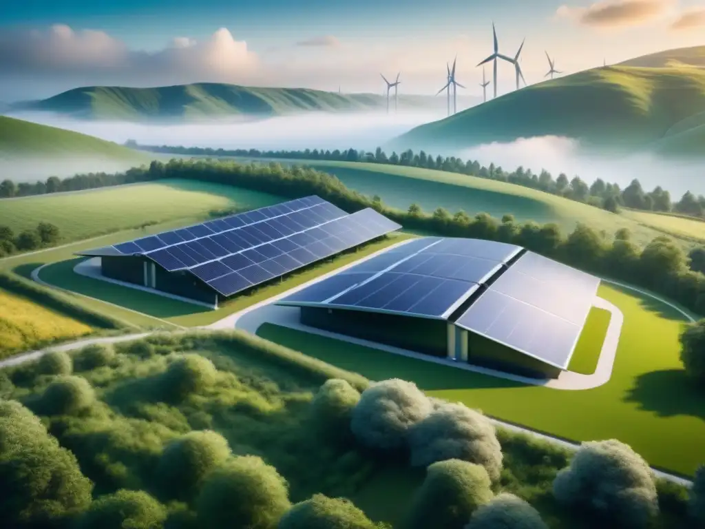 Colaboraciones estratégicas tecnología almacenamiento energía: Instalación futurista y sostenible integrada en paisaje verde exuberante