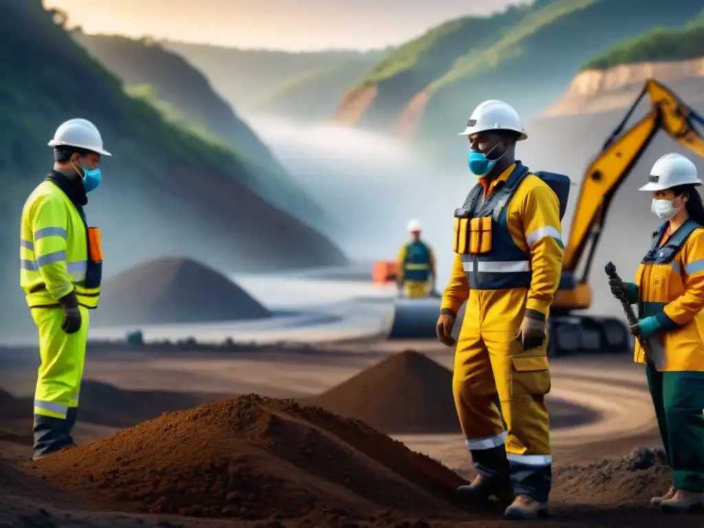 Colaboraciones internacionales en minería sostenible: Profesionales de diversas culturas trabajando juntos en una operación minera ecoamigable