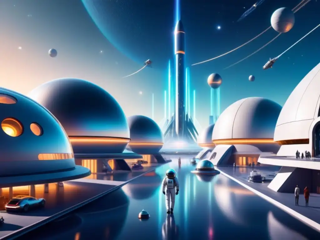 Una colonia humana en el cosmos, con arquitectura futurista, humanos y naves espaciales