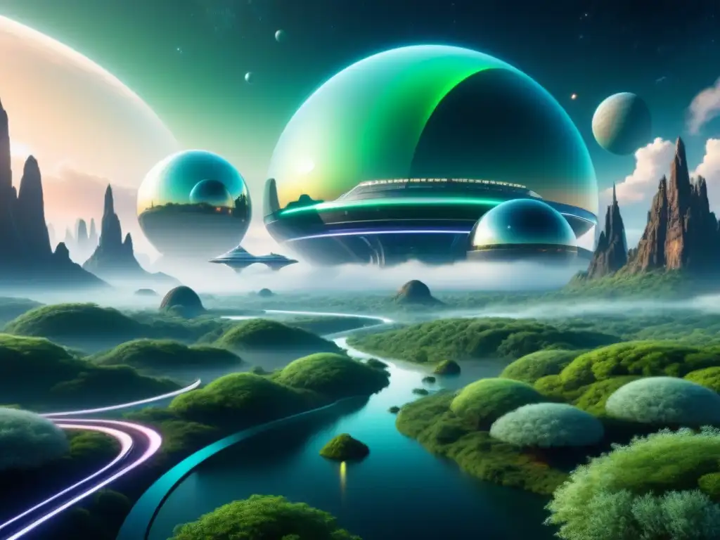 Colonias humanas en el cosmos: Ilustración detallada de una colonia futurista en el espacio con ecosistemas verdes y planetas coloridos