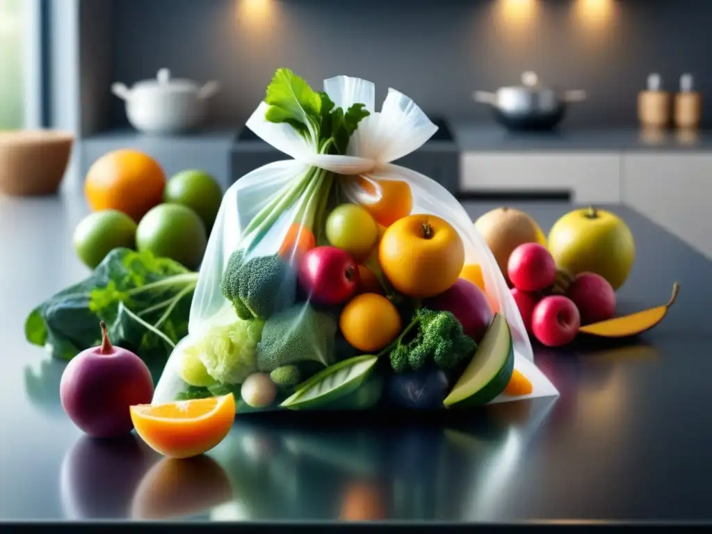 Bolsa biodegradable con restos de frutas y verduras: colores vibrantes en material sostenible Coloridos desechos de frutas y verduras en bolsa biodegradable sobre encimera moderna