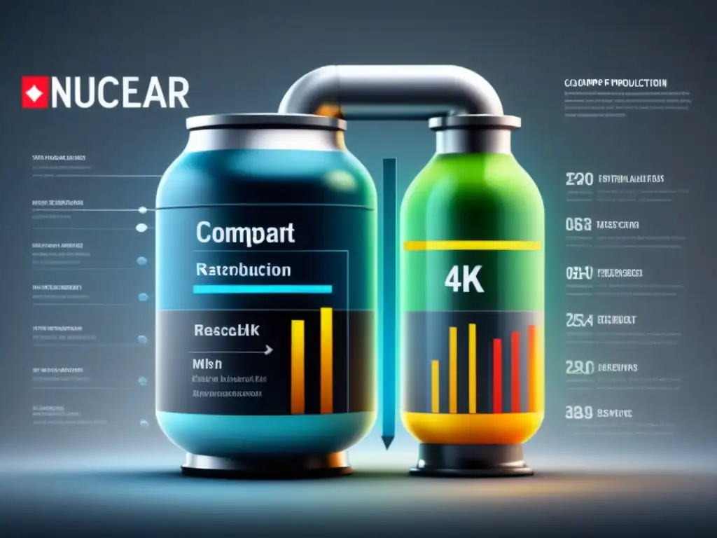 Compleja ilustración detallando el costo beneficio en energía nuclear, con componentes y procesos interconectados
