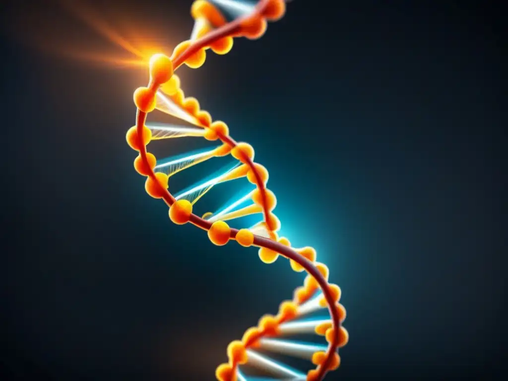 Compleja estructura de ADN en líneas brillantes sobre fondo negro, simbolizando la modificación genética y avance científico