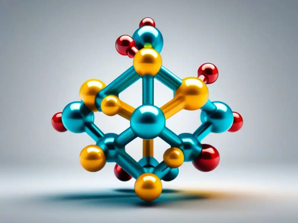 Compleja estructura química en colores vibrantes flotando en el espacio tridimensional, ejemplifica casos éxito contenido técnico química