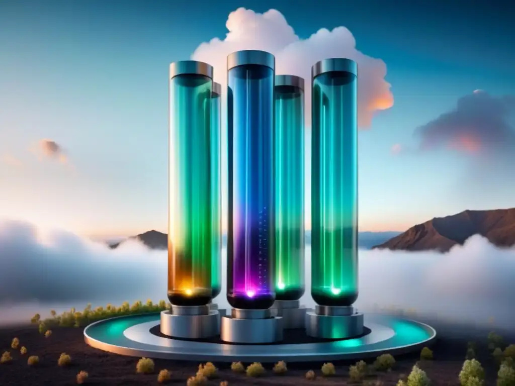 Compleja matriz de sensores de gases efecto invernadero en tubos transparentes con gases coloreados y datos científicos, sobre fondo blanco