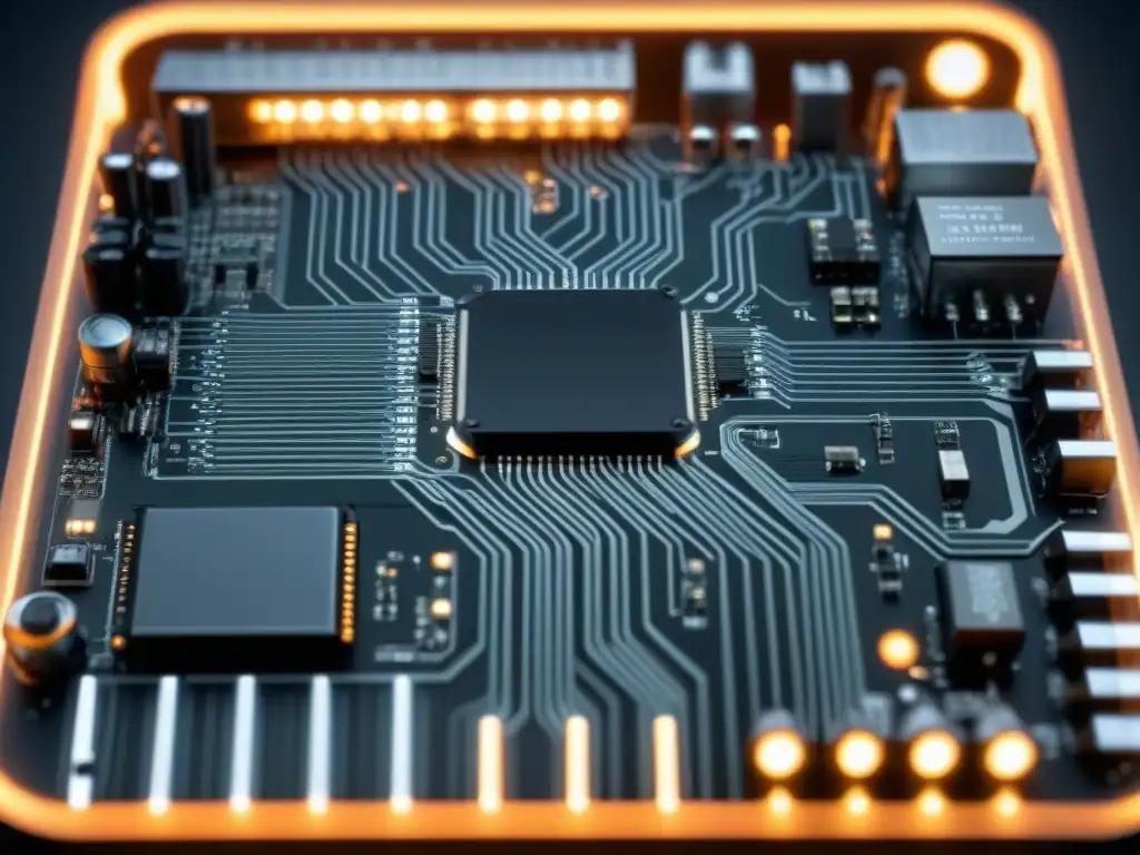 Compleja placa de circuito plateada sobre negro, iluminada con LED, muestra la precisión de la formación en ingeniería electrónica