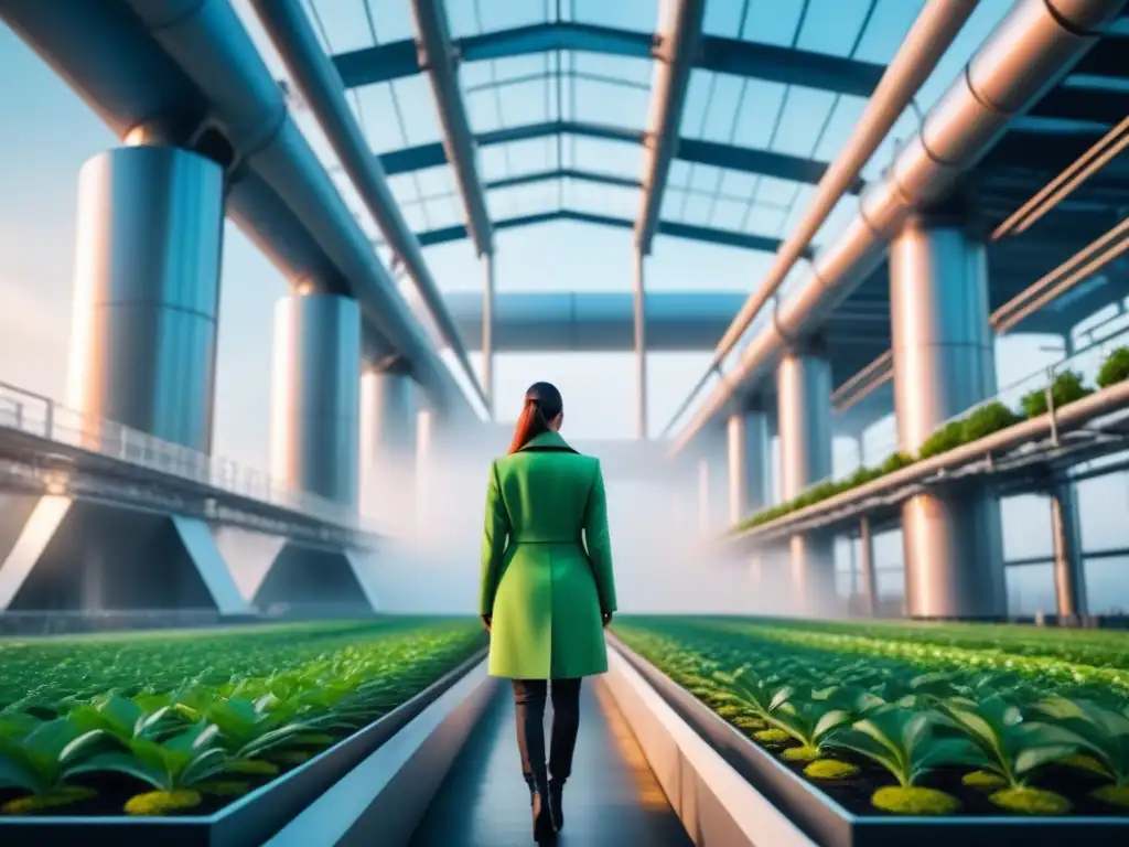 Compleja planta industrial futurista integrando tecnología y naturaleza, Inteligencia Artificial en procesos sostenibles