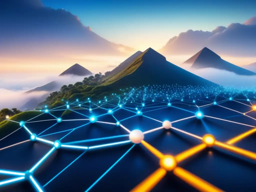 Diagrama blockchain futurista de supply chain interconectado Compleja red blockchain en cadena de suministro muestra nodos interconectados con datos fluidos en azules y blancos, tecnología avanzada