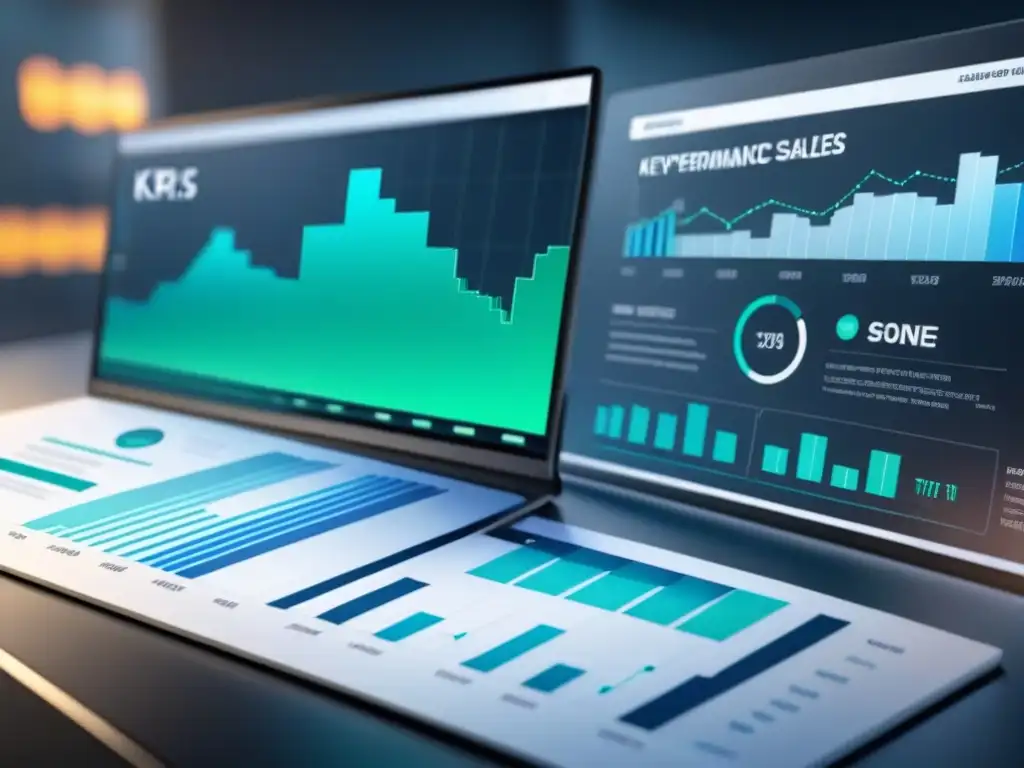 Compleja red de datos interconectados en gráficos, reflejando KPI en ventas industriales