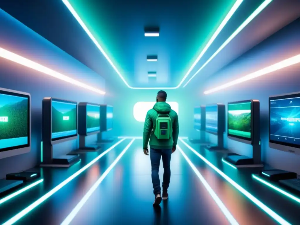 Compleja red digital segura con capas de seguridad, en tonos azules y verdes