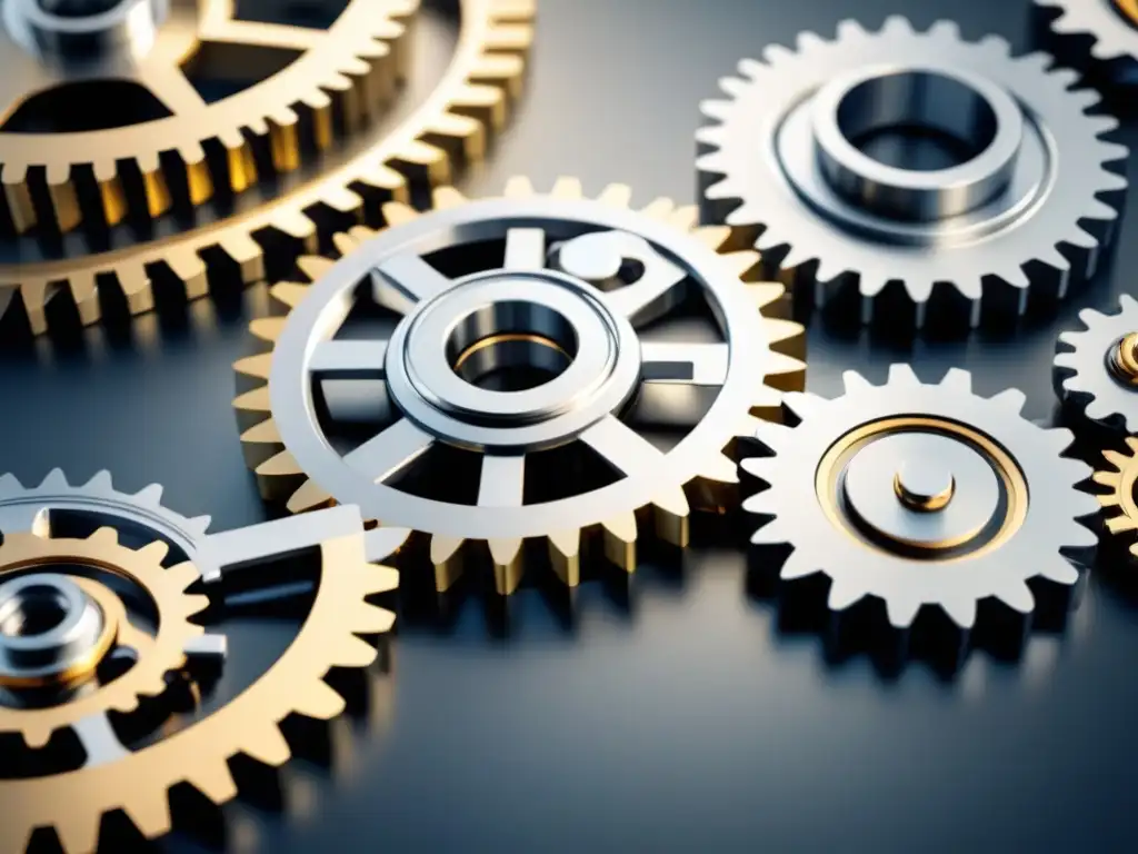 Red de Engranajes Industriales: Estrategias SEO Eficientes Compleja red de engranajes industriales conectados, representando la estrategia SEO para panorama industrial