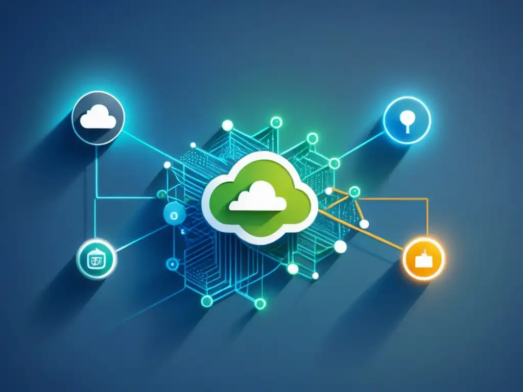 Compleja red de nodos digitales interconectados, simbolizando integración segura de sistemas
