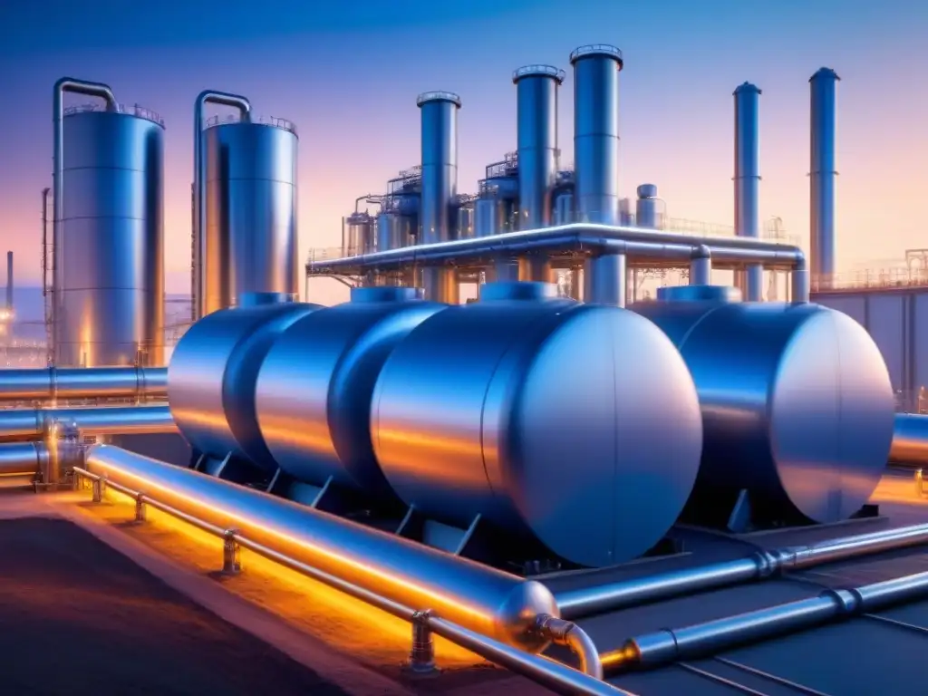 Compleja red de tuberías metálicas conectadas a tanques de almacenamiento energético, con luz azul innovadora