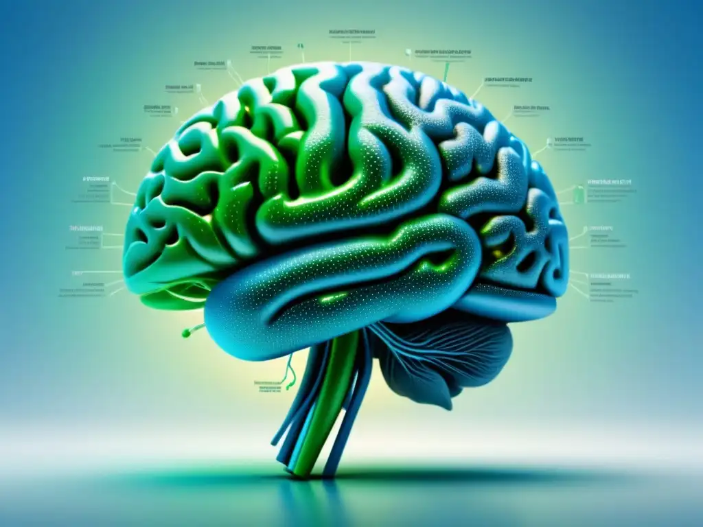 Complejo diagrama de redes neuronales en tonos azules y verdes sobre fondo blanco, simulando un plano tecnológico detallado