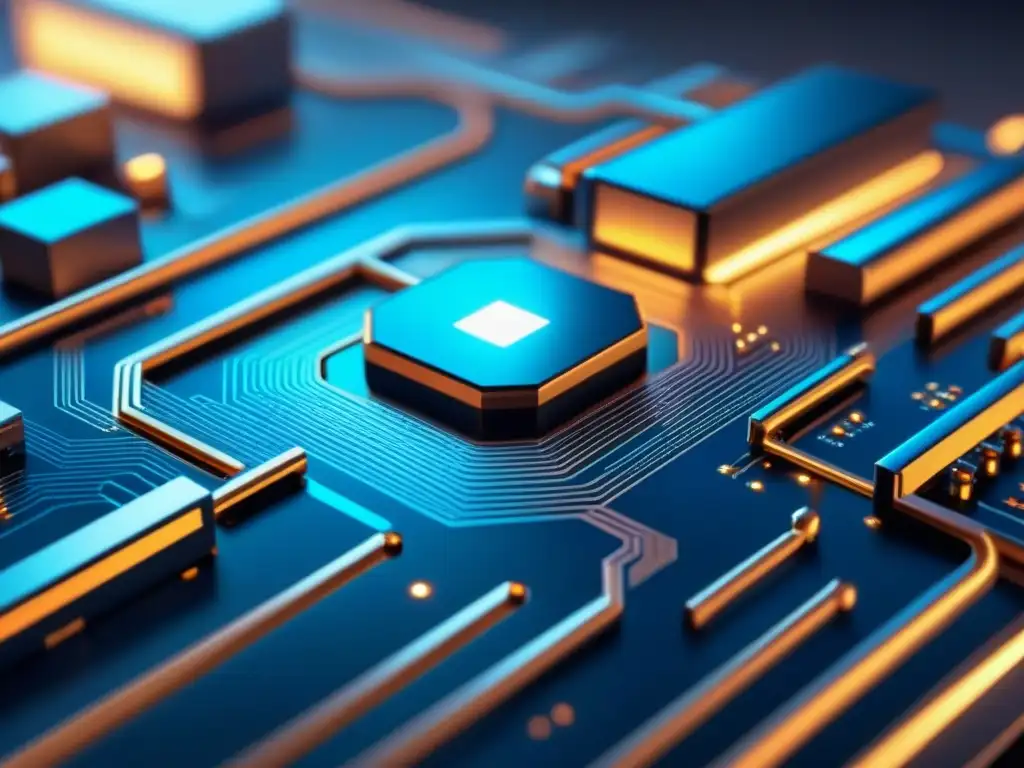 Complejo diseño de placa de circuito en tonos metálicos y azules, con elementos brillantes, reflejando la electrónica impresa en IoT