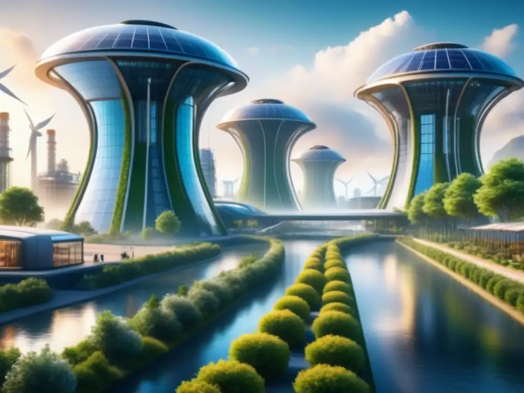 Un complejo industrial futurista con arquitectura sostenible, tecnología y naturaleza en armonía, simbolizando modelos negocio ecológicos rentables