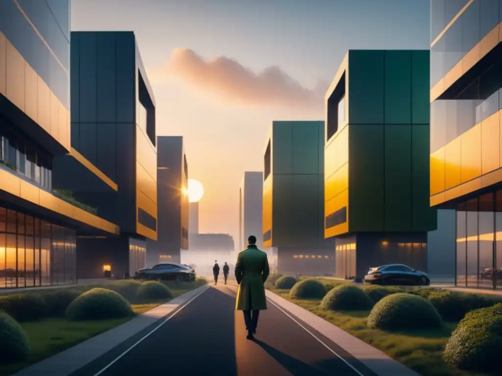 Un complejo industrial futurista con diseño moderno y elementos sostenibles, reflejando un atardecer dorado