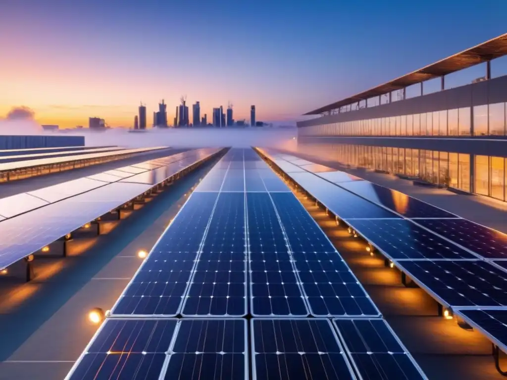 Un complejo industrial futurista con edificios modernos y paneles solares relucientes al atardecer