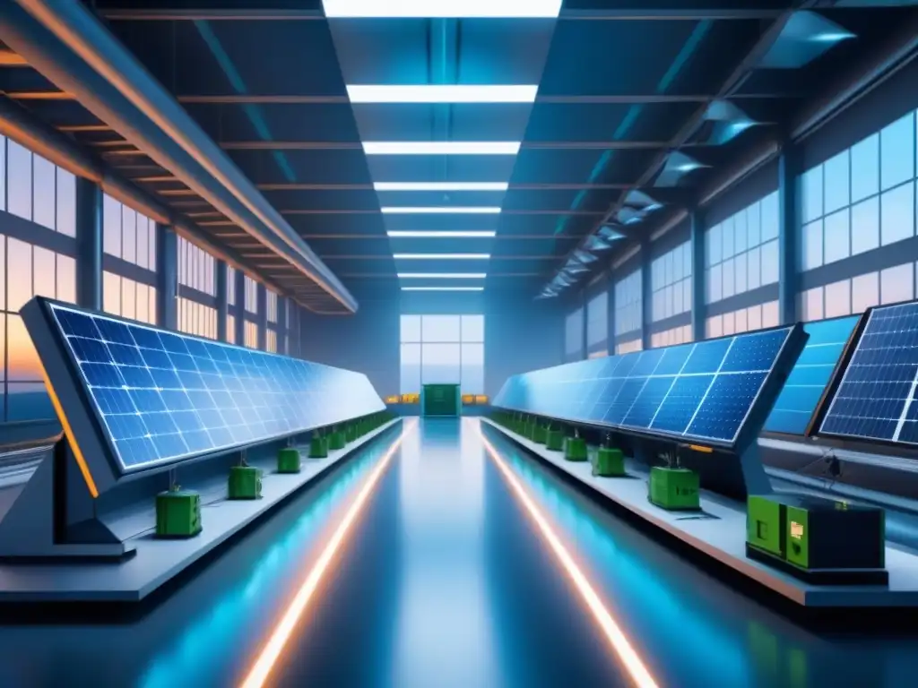 Complejo industrial futurista con energías renovables y datos encriptados