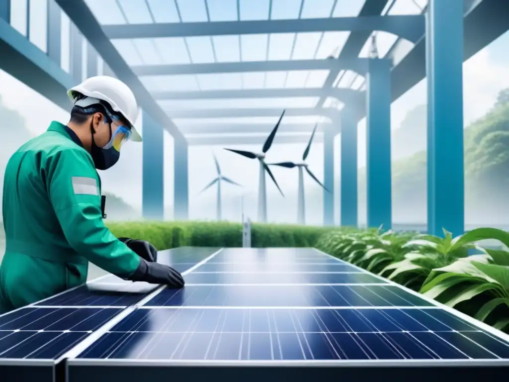 Complejo industrial futurista ecoamigable con energías renovables Complejo industrial futurista con energías renovables y armonía sostenible en seguros propiedad accidentes sostenibilidad industrial