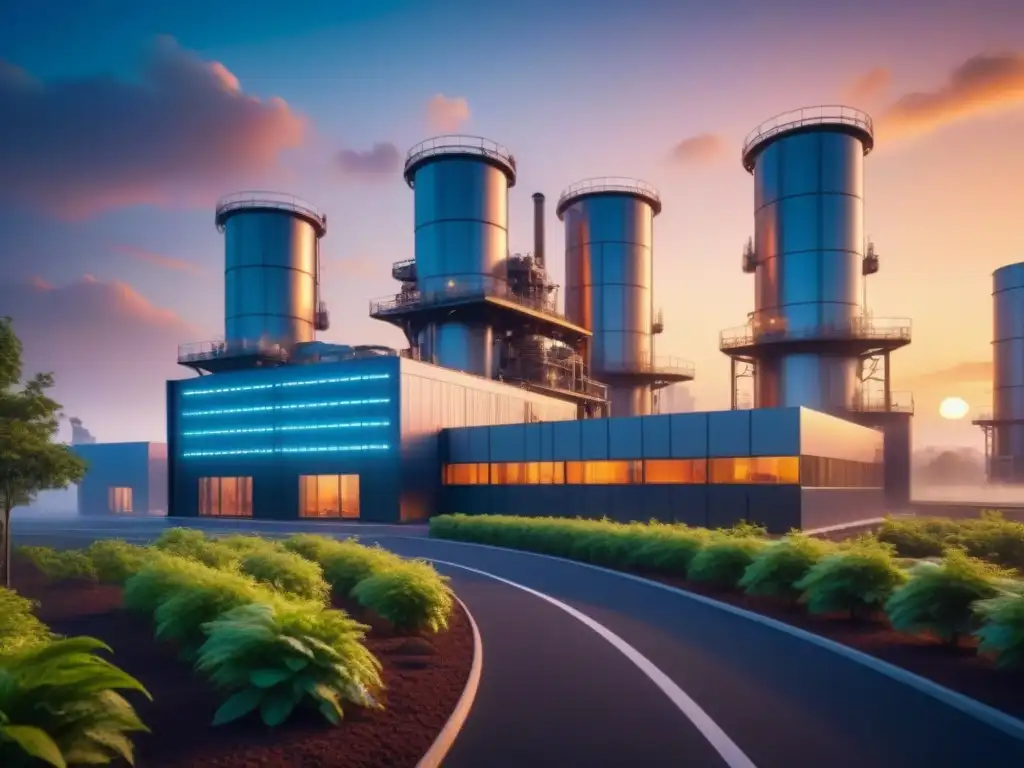 Complejo industrial futurista con estructuras metálicas avanzadas, rodeado de vegetación exuberante al atardecer