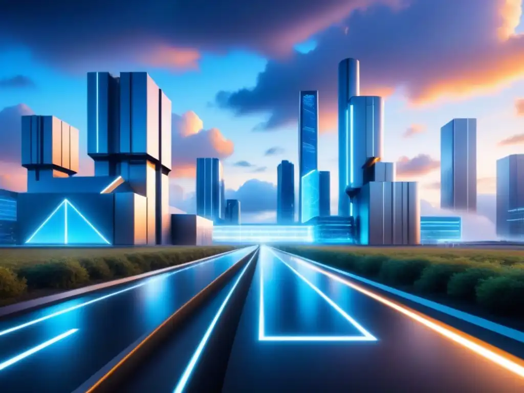 Complejo industrial futurista asegurando infraestructura en la nube con líneas brillantes y un ícono de bloqueo digital en el aire