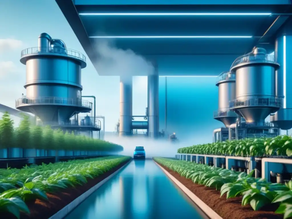 Un complejo industrial futurista con maquinaria energéticamente eficiente en operación, rodeado de exuberante vegetación