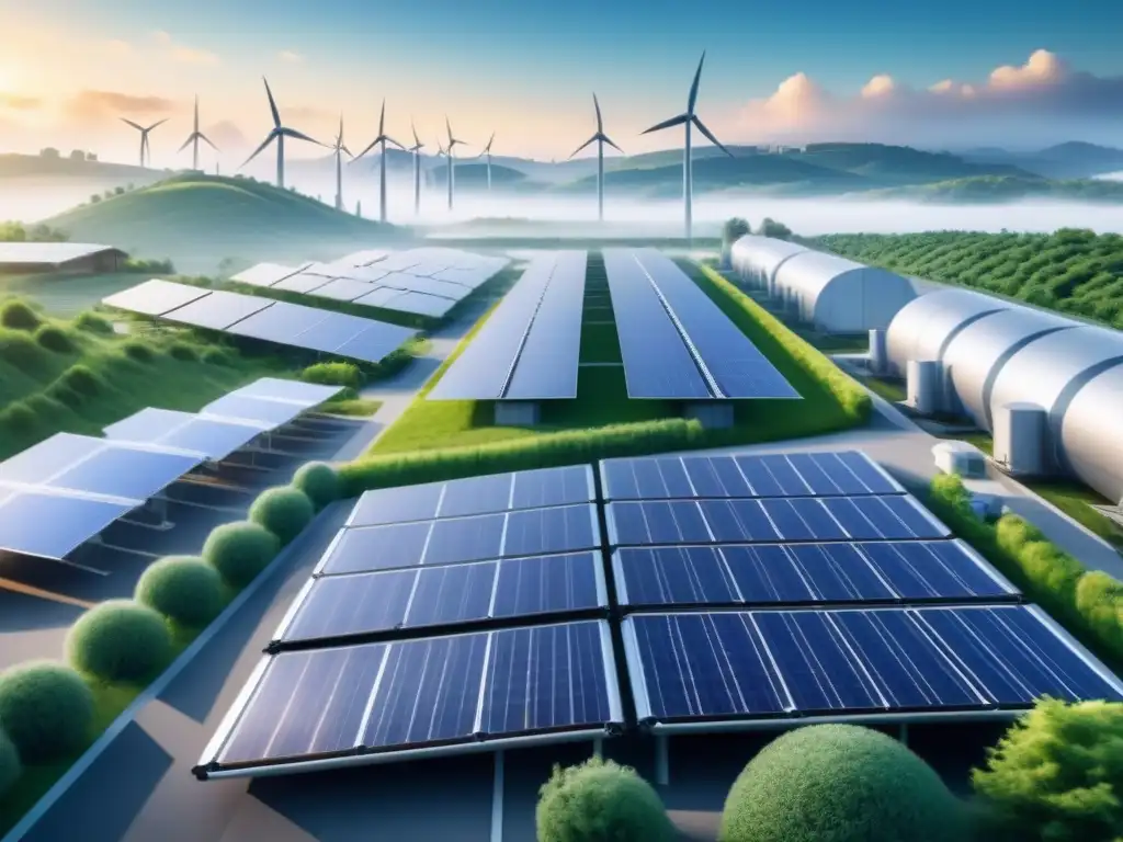 Un complejo industrial futurista con paneles solares, turbinas eólicas y vegetación exuberante