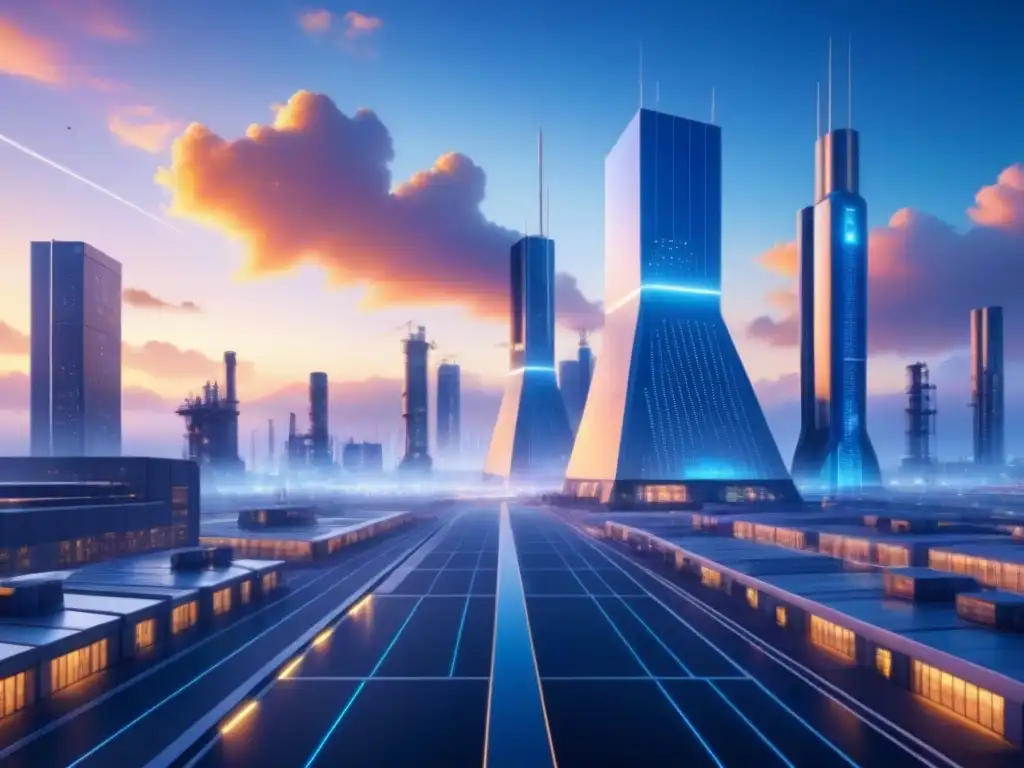 Complejo industrial futurista con tecnología GIS avanzada al atardecer Complejo industrial futurista al anochecer con tecnología GIS avanzada
