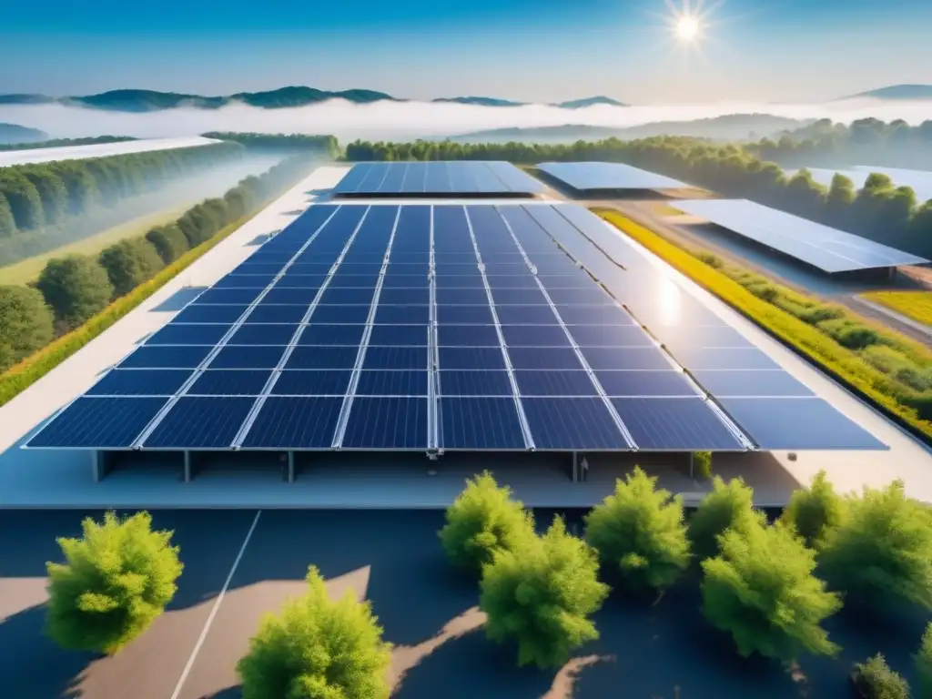 Un complejo industrial moderno con paneles solares en el techo, rodeado de vegetación, bajo un cielo azul