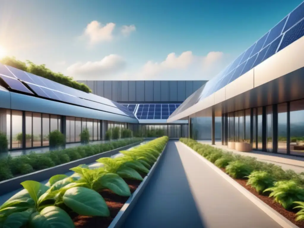 Un complejo industrial sostenible con arquitectura futurista rodeada de vegetación exuberante y paneles solares brillando bajo el sol