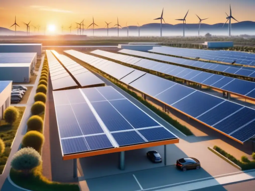 Complejo industrial sostenible al atardecer Un complejo industrial sostenible con paneles solares, turbinas eólicas y estaciones de carga para vehículos eléctricos al atardecer