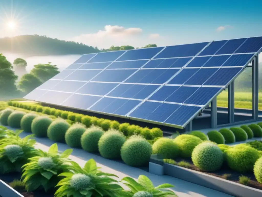 Un complejo industrial sostenible con paneles solares, rodeado de naturaleza