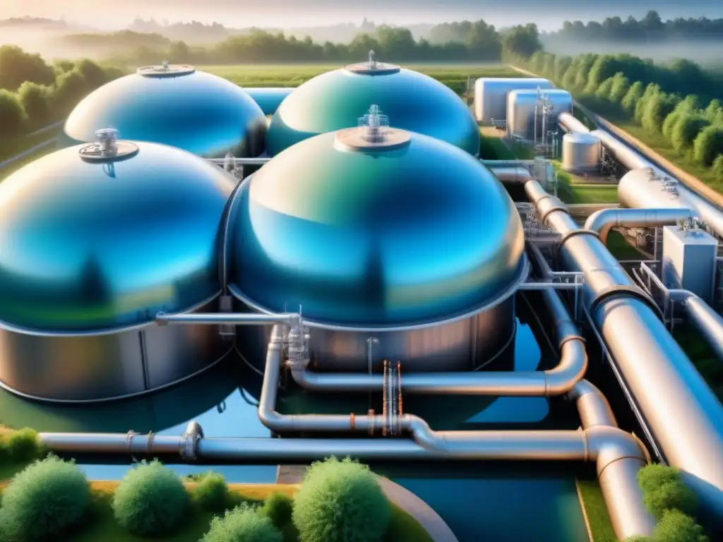 Planta de Tratamiento de Agua Futurista en 8k Un complejo de tratamiento de aguas industriales futurista rodeado de naturaleza, destacando tecnología avanzada y microorganismos