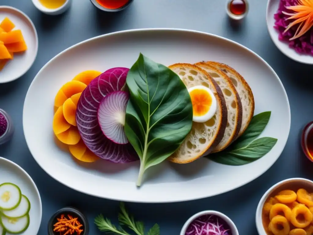 Una composición elegante de alimentos fermentados en un plato blanco moderno