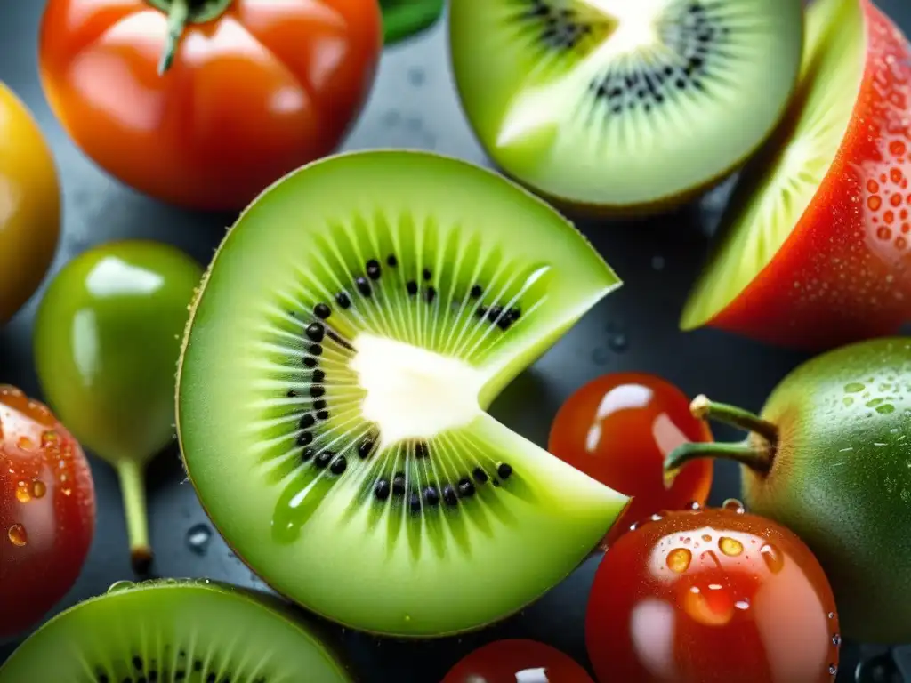 Una composición impresionante de frutas y verduras coloridas en un estilo moderno y minimalista