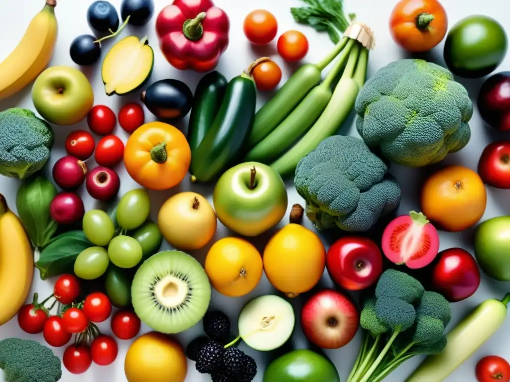 Una composición minimalista de frutas y verduras coloridas que representan las tendencias en alimentos funcionales y sus beneficios para la salud