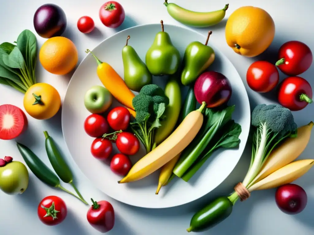 Una composición serena y minimalista de alimentos frescos y coloridos en un plato blanco, ideal para dieta vegetariana