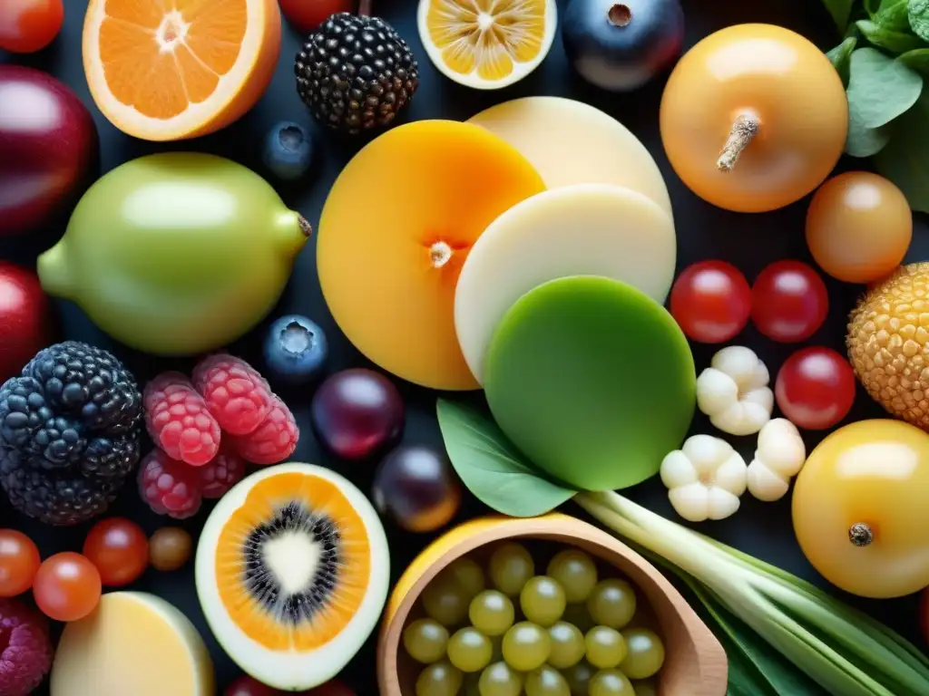 Una composición vibrante de alimentos prebióticos y probióticos ricos en colores y formas, ilustrando los beneficios prebióticos en la industria